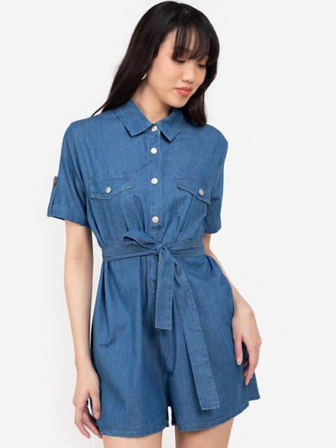 

ZALORA BASICS Women Blue Solid Shirt Collar Cargo Playsuit