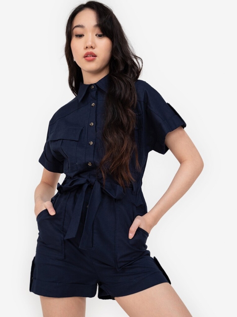 

ZALORA BASICS Navy Blue Linen Jumpsuit