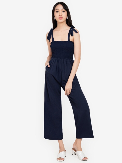 

ZALORA BASICS Navy Blue Smocked Bodice Cami Jumpsuit