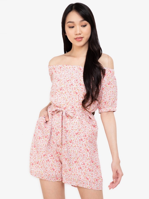 

ZALORA BASICS Women Pink Floral Printed Off Shoulder Playsuit