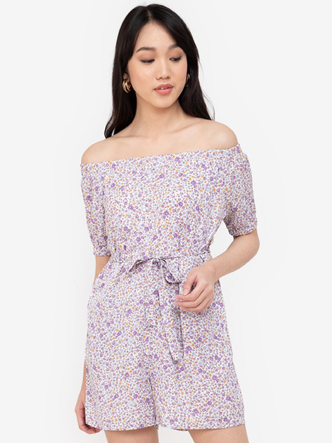 

ZALORA BASICS Purple & White Off-Shoulder Floral Printed Jumpsuit