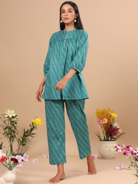 

JISORA Women Teal Printed Night suit