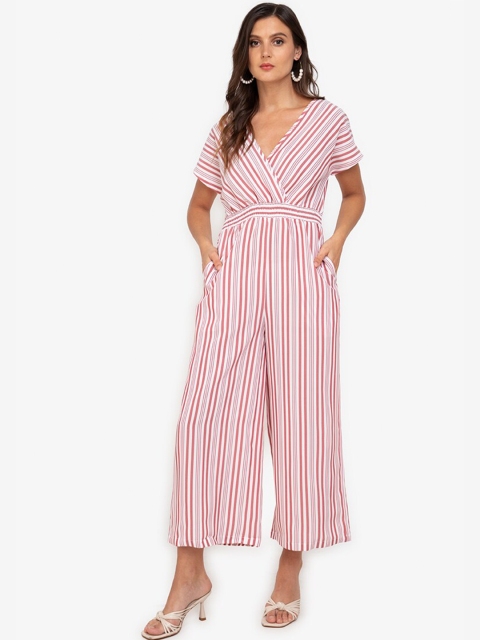 

ZALORA WORK White & Red Striped Basic Wrap Jumpsuit