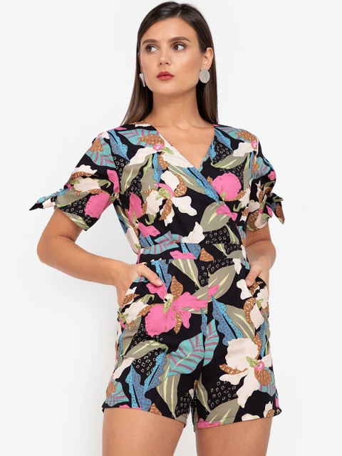 

ZALORA WORK Black & Pink Printed V Neck Playsuit