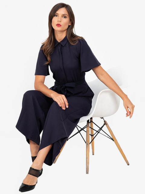 

ZALORA WORK Navy Blue Belted Wide Leg Jumpsuit