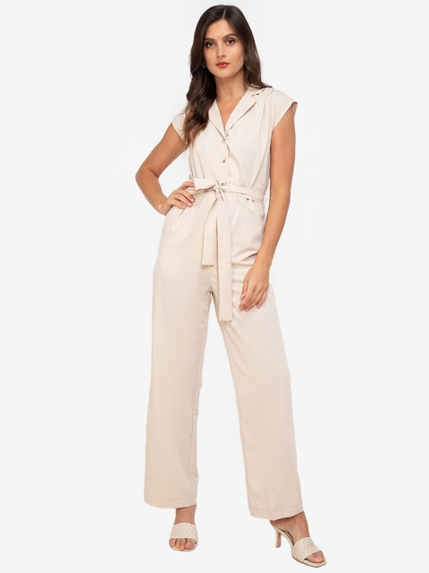 

ZALORA WORK Cream-Coloured Tie Up Waist Basic Jumpsuit