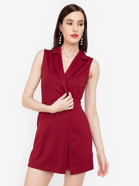 

ZALORA WORK Maroon Solid Shirt Collar Playsuit