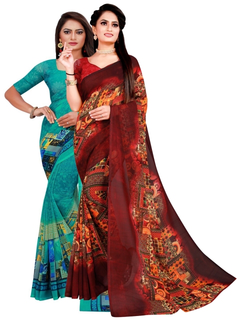 

KALINI Pack of 2 Printed Pure Georgette Sarees, Turquoise blue