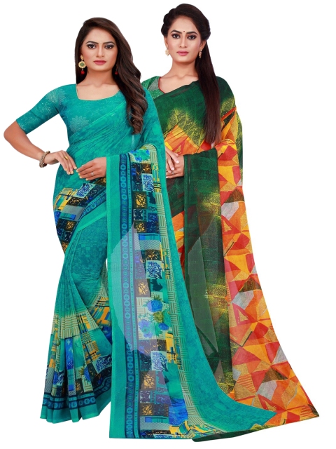 

KALINI Pack of 2 Printed Pure Georgette Sarees, Turquoise blue