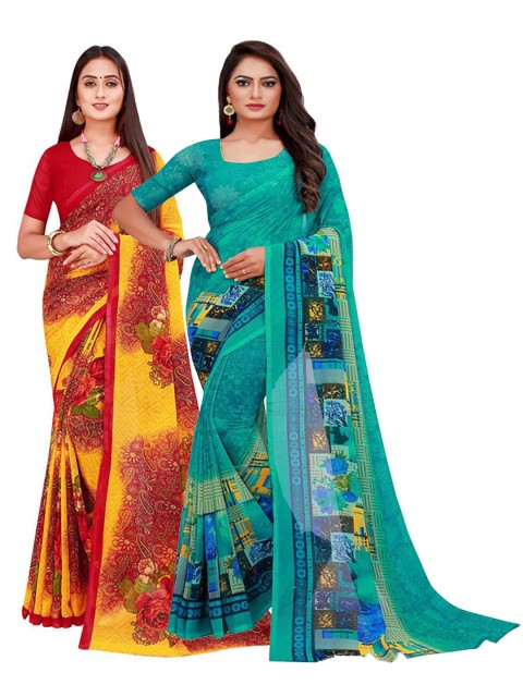 

KALINI Turquoise Blue & Maroon Floral Printed Pack of 2 Pure Georgette Saree