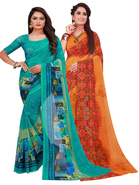 

KALINI Pack of 2 Printed Pure Georgette Sarees, Orange