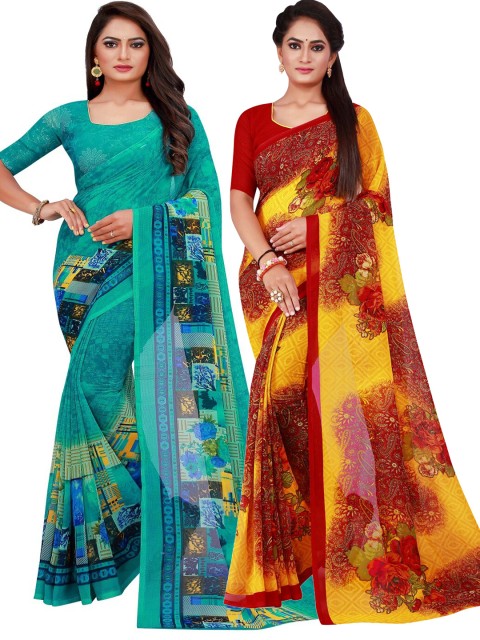 

KALINI Sea Green & Yellow Set of 2 Pure Georgette Saree