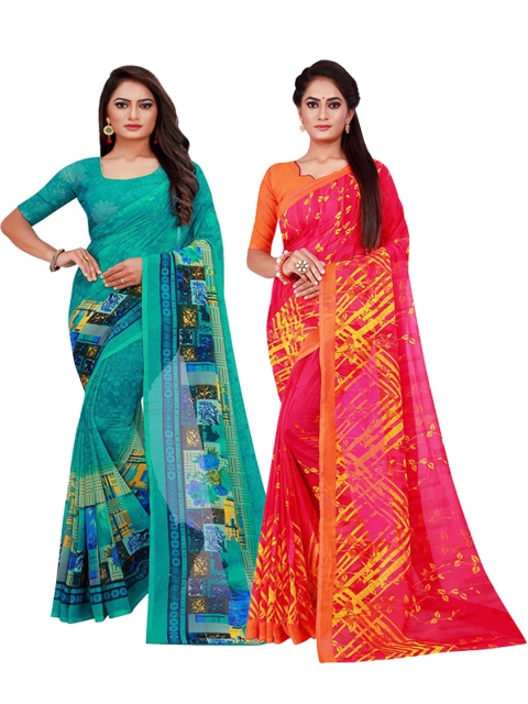 

KALINI Pack of 2 Printed Pure Georgette Sarees, Turquoise blue