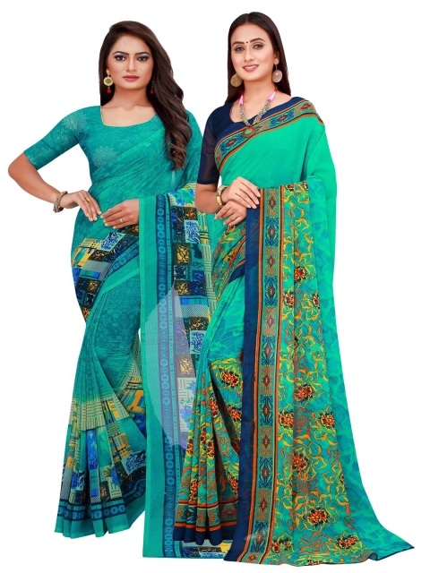 

KALINI Green & Turquoise Blue Printed Pure Georgette Saree