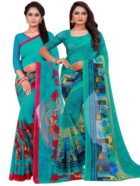 

KALINI Turquoise Blue And Red Floral Pack of 2 Pure Georgette Saree