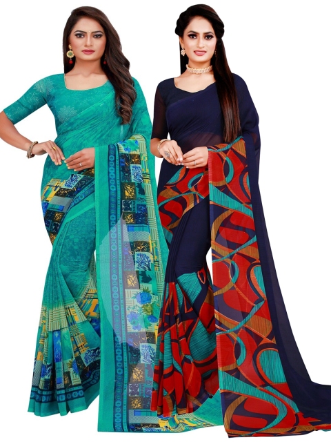 

KALINI Navy Blue & Red Printed Pure Georgette Saree