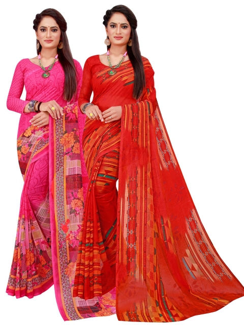 

SAADHVI Magenta & Red Geometric Printed Pack of 2 Pure Georgette Saree