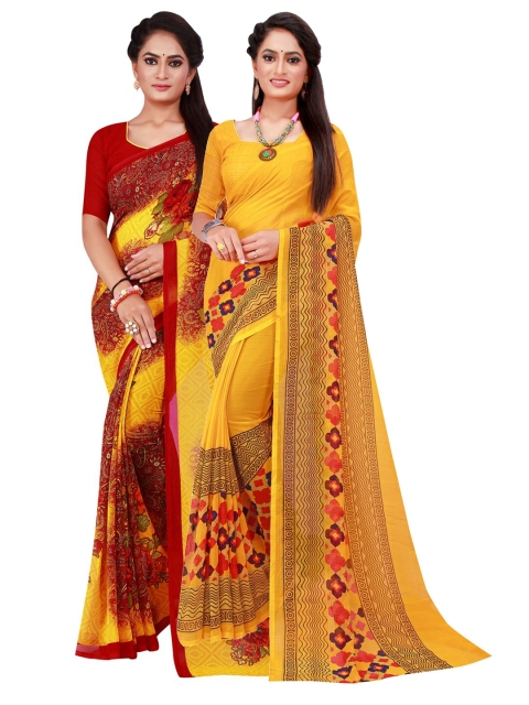 

KALINI Maroon & Yellow Floral Pure Georgette Saree