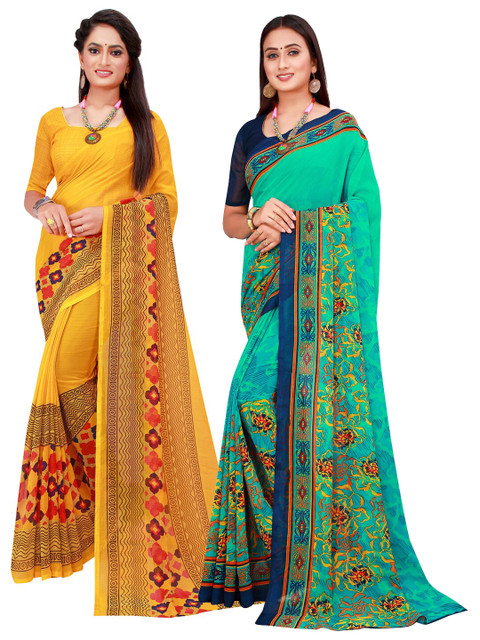 

KALINI Green & Yellow Pack Of 2 Pure Georgette Sarees