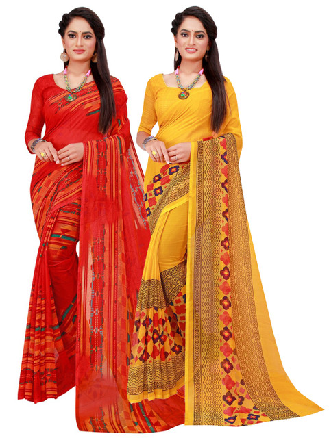 

KALINI Yellow & Red Pack Of 2 Pure Georgette Sarees