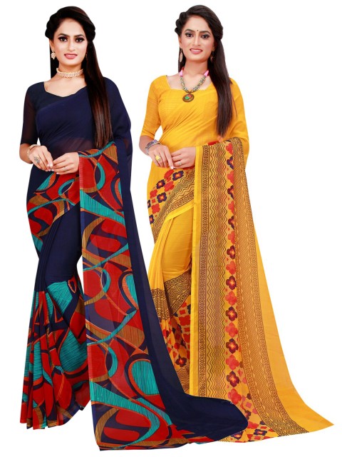 

KALINI Navy Blue & yellow Pack Of 2 Pure Georgette Sarees