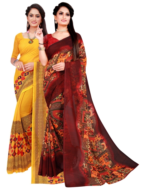 

KALINI Yellow & Brown Abstract Print Pack of 2 Pure Georgette Saree