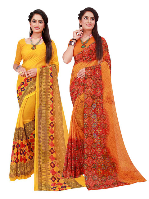 

KALINI Orange & Yellow Pack Of 2 Pure Georgette Sarees