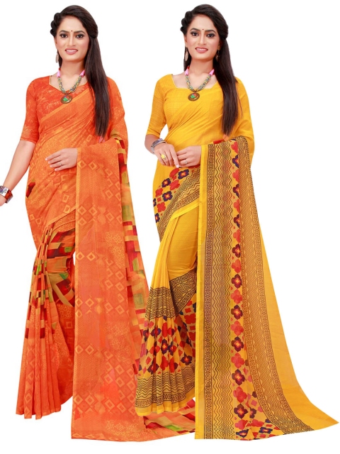 

KALINI Orange & Yellow Pack Of 2 Pure Georgette Sarees