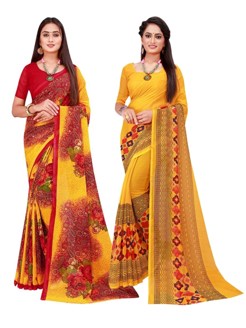 

KALINI Yellow & Maroon Pack Of 2 Pure Georgette Sarees