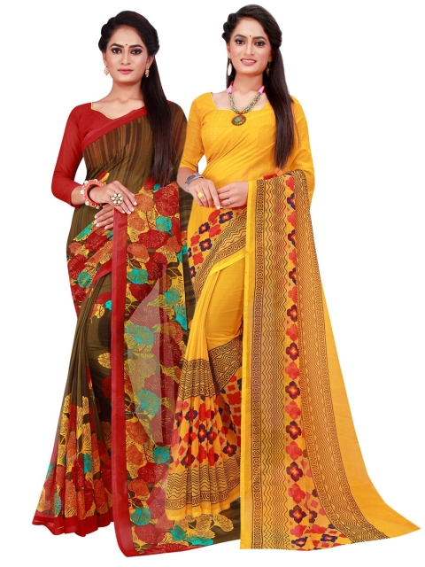 

KALINI Yellow & Brown Pack Of 2 Pure Georgette Sarees