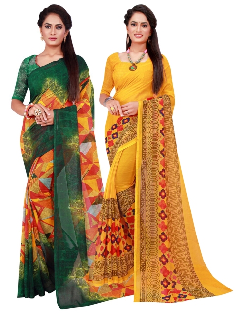 

KALINI Yellow & Green Pack Of 2 Pure Georgette Sarees