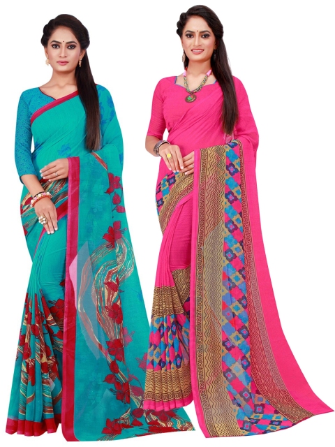

KALINI Pack of 2 Magenta & Turquoise Blue Floral Pure Georgette Saree