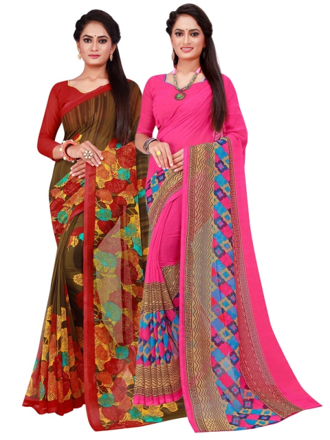 

KALINI Pack of 2 Magenta & Brown Floral Pure Georgette Saree