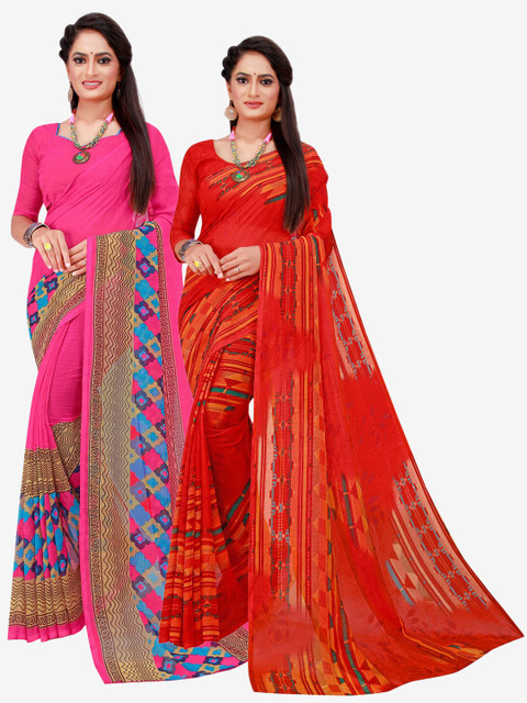 

KALINI Pack of 2 Magenta & Red Pure Georgette Sarees
