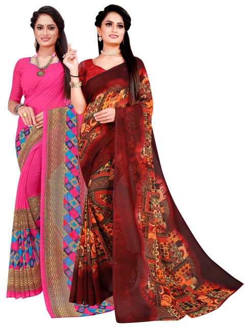 

KALINI Pack of 2 Magenta & Brown Floral Pure Georgette Saree