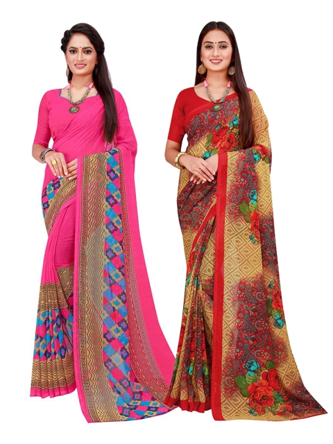 

KALINI Pack of 2 Pink & Red Pure Georgette Sarees