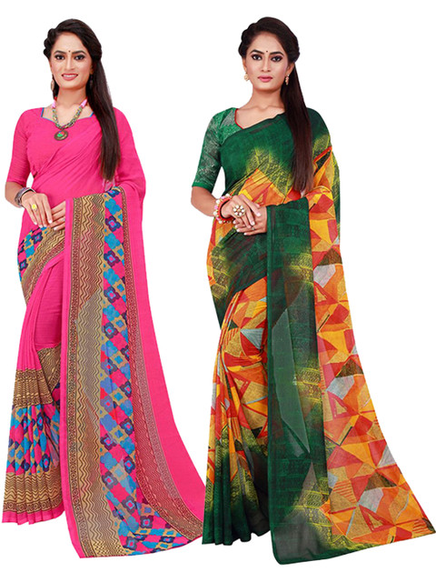 

KALINI Magenta & Green Set of 2 Floral Printed Pure Georgette Saree