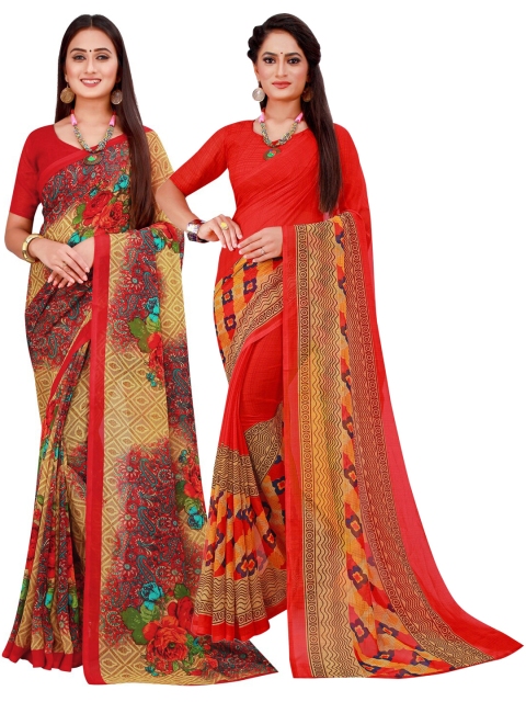

KALINI Pack of 2 Red & Green Floral Pure Georgette Saree