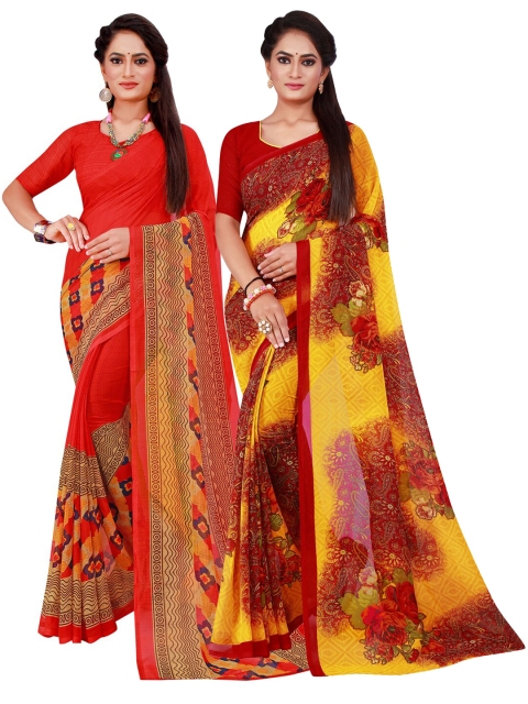 

KALINI Pack of 2 Maroon & Red Floral Pure Georgette Saree