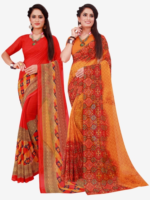 

KALINI Orange & Red Ethnic Motifs Printed Pure Georgette Sarees Pack Of 2