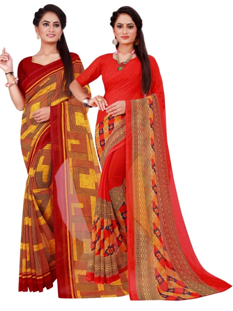 

KALINI Pack Of 2 Maroon & Red Geometric Printed Sarees