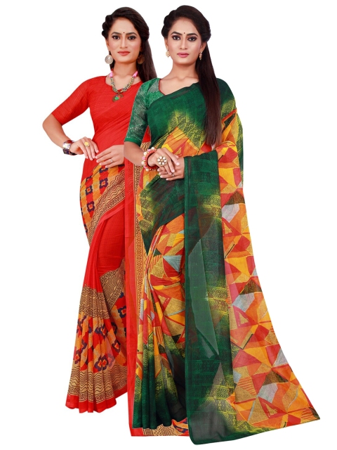 

KALINI Pack of 2 Red & Green Pure Georgette Sarees