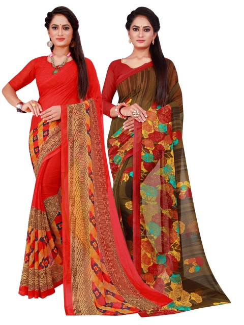 

KALINI Pack of 2 Red & Brown Floral Printed Pure Georgette Saree