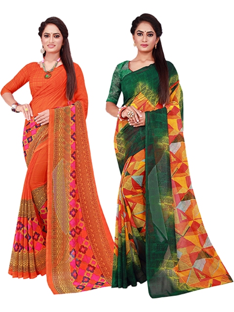 

KALINI Pack of 2 Orange & Green Pure Georgette Sarees