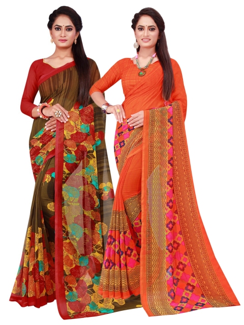 

KALINI Pack of 2 Printed Pure Georgette Sarees, Orange