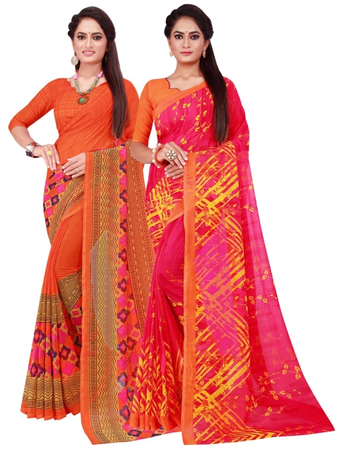

KALINI Pack of 2 Orange & Fuchsia Pure Georgette Sarees