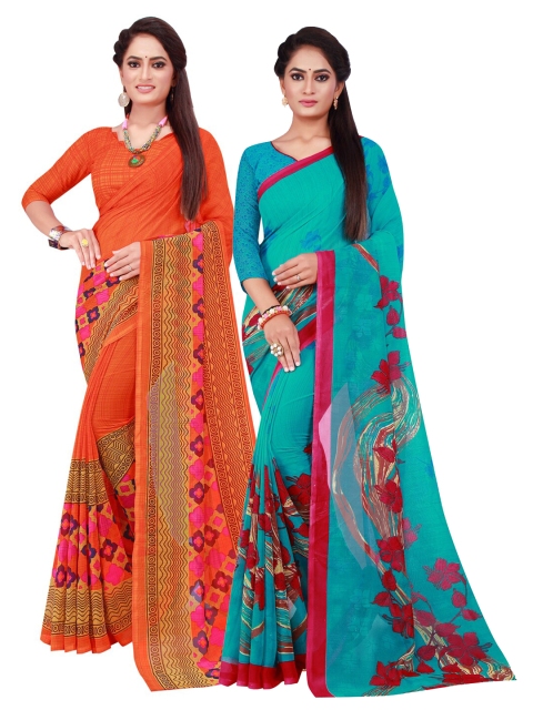 

KALINI Pack of 2 Orange & Turquoise Blue Floral Printed Pure Georgette Saree