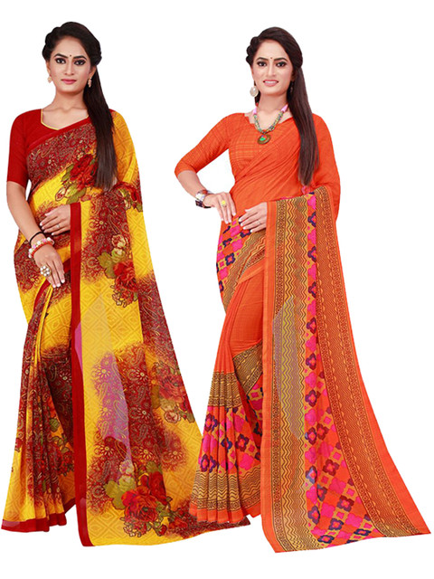 

KALINI Pack of 2 Maroon & Orange Floral Pure Georgette Saree