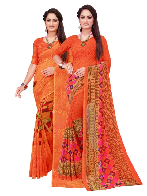 

KALINI Pack Of 2 Orange & Green Geometric Printed Sarees