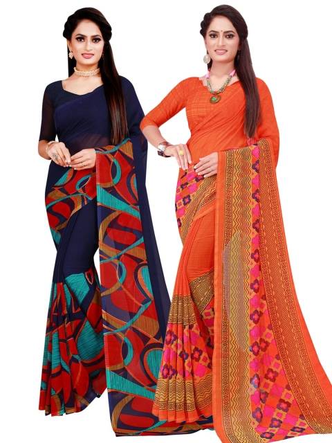 

KALINI Pack of 2 Navy Blue & Orange Pure Georgette Saree